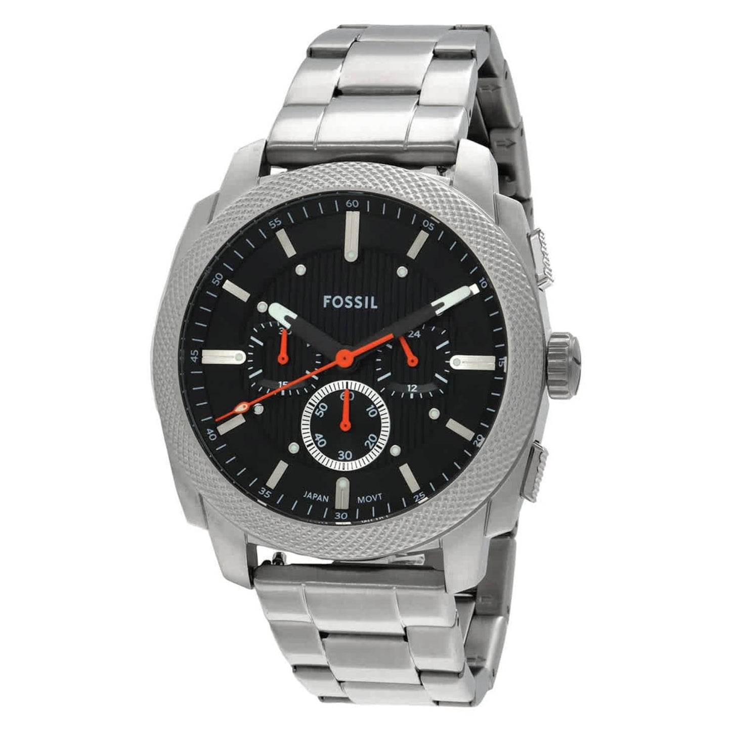 Fossil Machine FS6095 chronograph watch with textured black dial, orange chronograph accents, stainless steel case, and matching stainless steel bracelet.