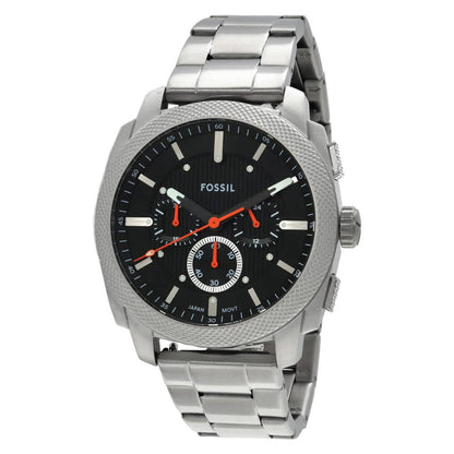 Fossil Machine FS6095 chronograph watch with textured black dial, orange chronograph accents, stainless steel case, and matching stainless steel bracelet.