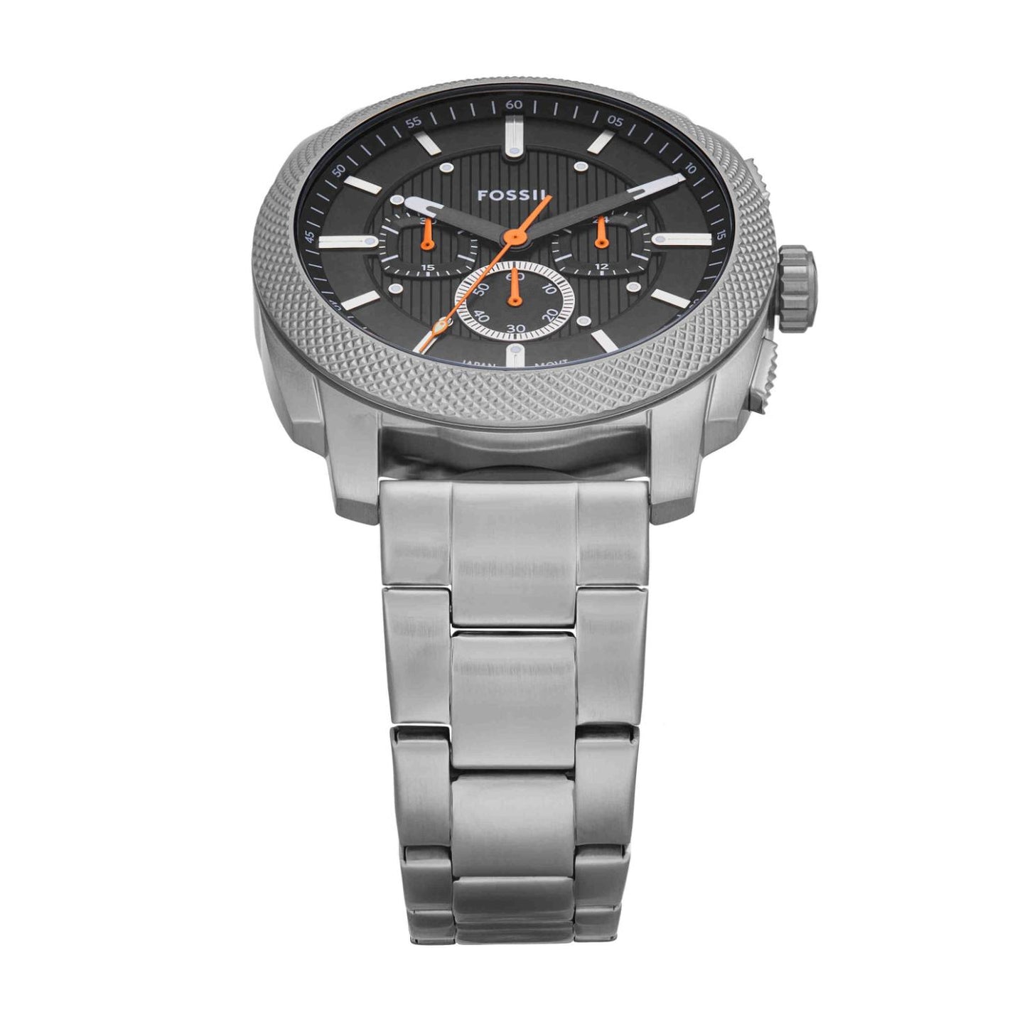 Fossil Machine FS6095 chronograph watch with textured black dial, orange accents, oversized stainless steel case, and brushed stainless steel bracelet shown in a front angled view.