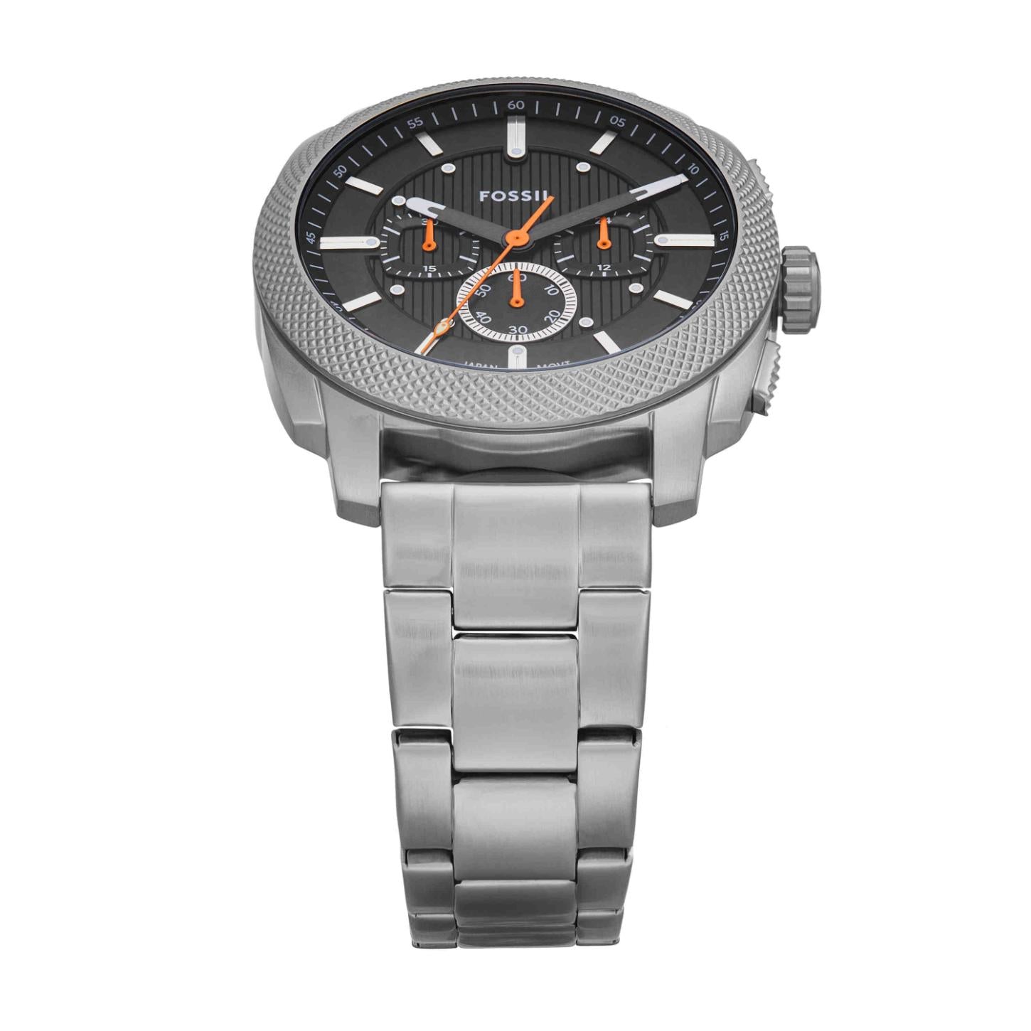 Fossil Machine FS6095 chronograph watch with textured black dial, orange accents, oversized stainless steel case, and brushed stainless steel bracelet shown in a front angled view.
