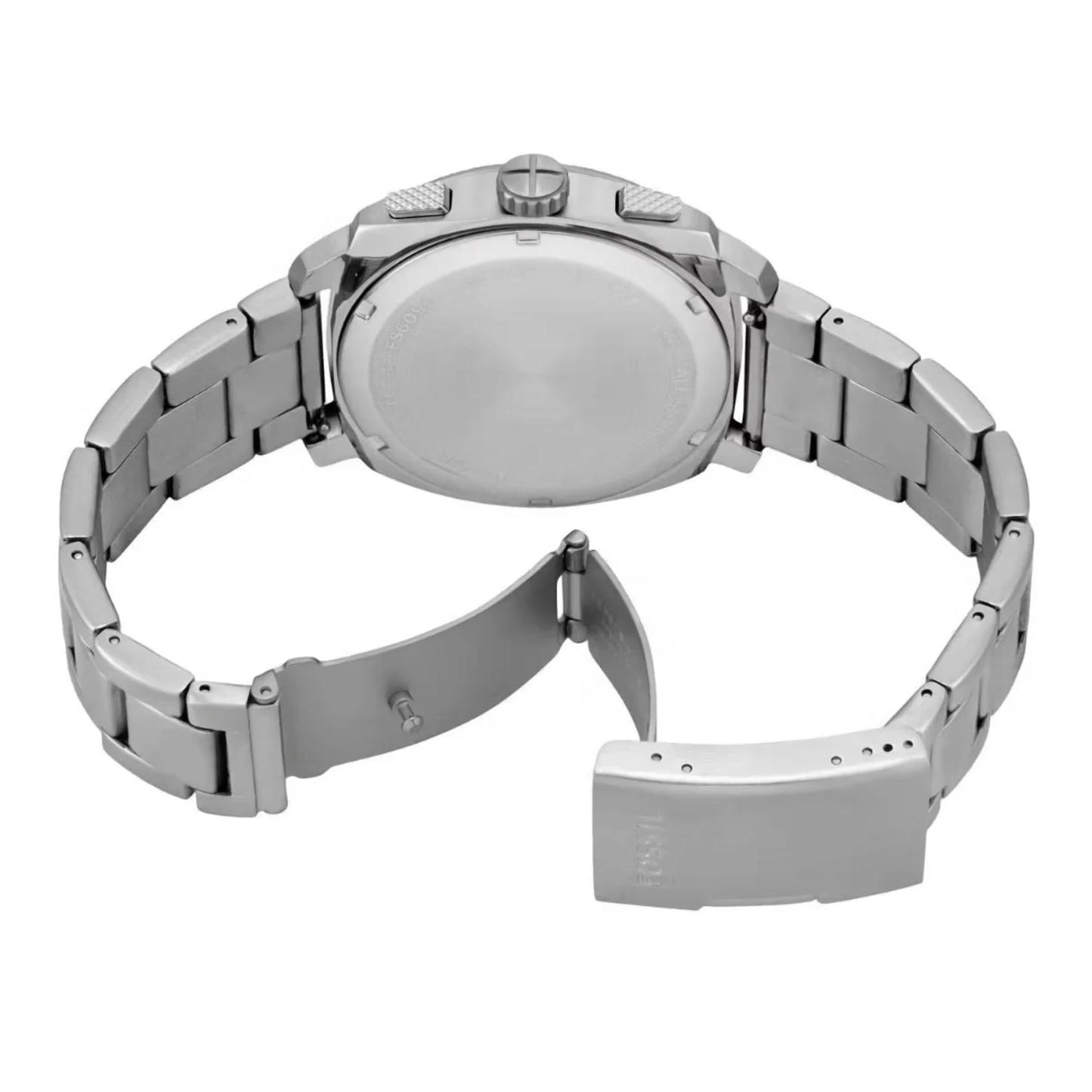 Fossil Machine FS6095 with stainless steel rear case and brushed stainless steel bracelet shown with the fold-over clasp open.