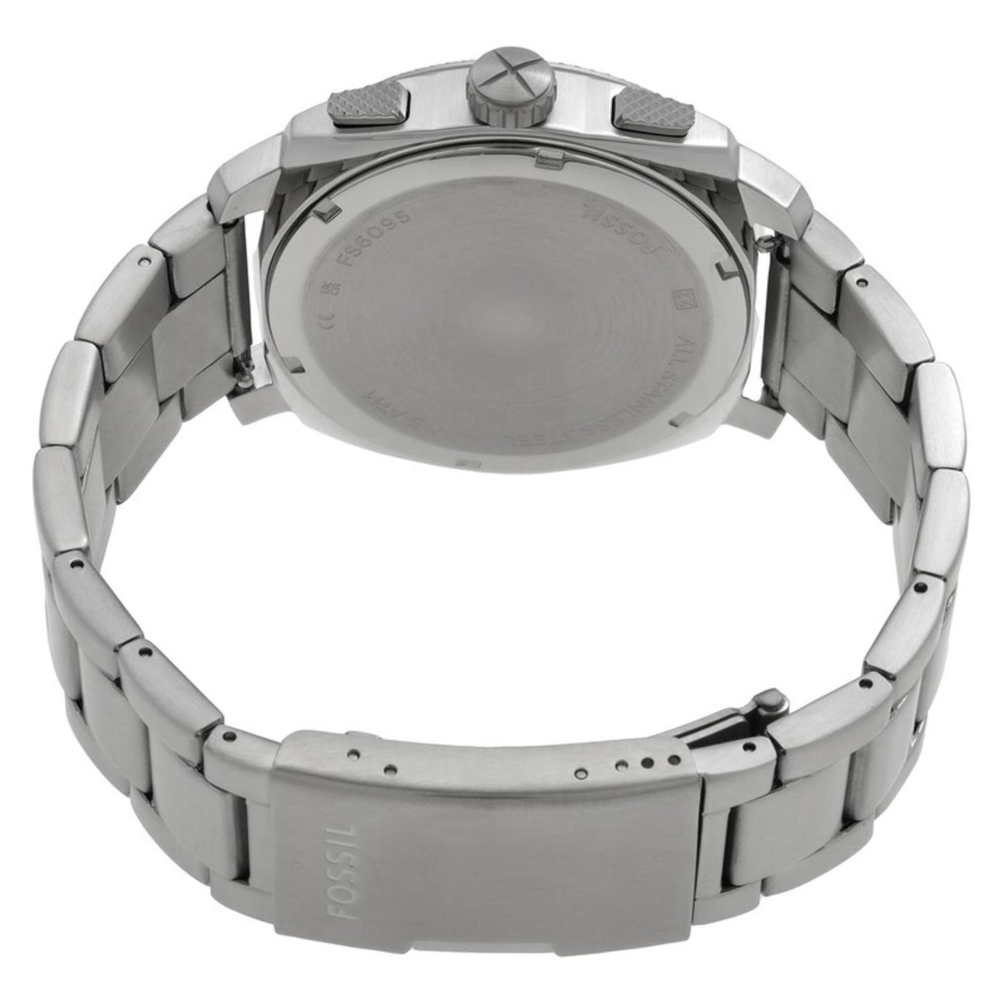 Fossil Machine FS6095 with stainless steel rear case, chronograph pushers, and brushed stainless steel bracelet featuring a fold-over clasp closure.