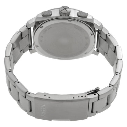 Fossil Machine FS6095 with stainless steel rear case, chronograph pushers, and brushed stainless steel bracelet featuring a fold-over clasp closure.