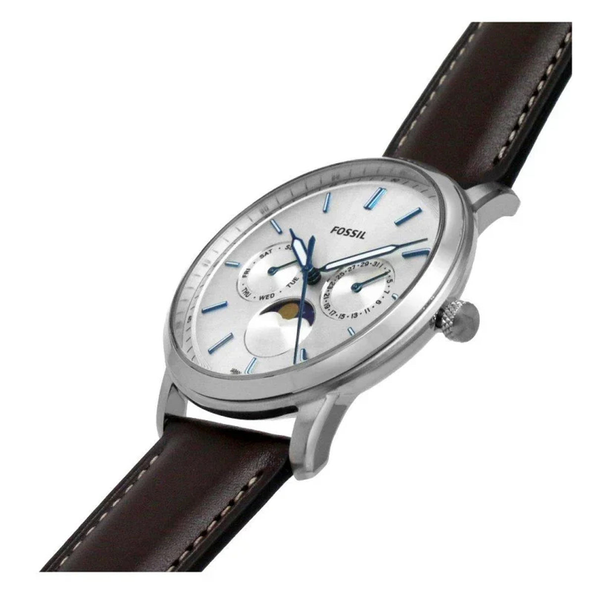 Fossil Neutra FS5905 men’s quartz watch with a silver dial, blue hands and markers, moon phase display, polished silver-tone case, and dark brown leather strap.