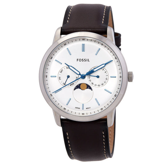Fossil Neutra FS5905 men’s quartz watch with a silver dial, blue hands and hour markers, moon phase display, dual subdials, and a dark brown leather strap.