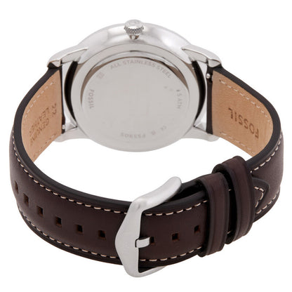 Fossil Neutra FS5905 men’s quartz watch with a stainless steel caseback, dark brown leather strap with contrast stitching, and a silver-tone buckle.