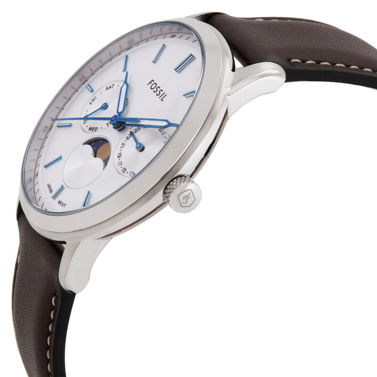 Fossil Neutra FS5905 men’s quartz watch with a polished silver-tone case, textured crown, silver dial with blue hands and moon phase display, and a dark brown leather strap.