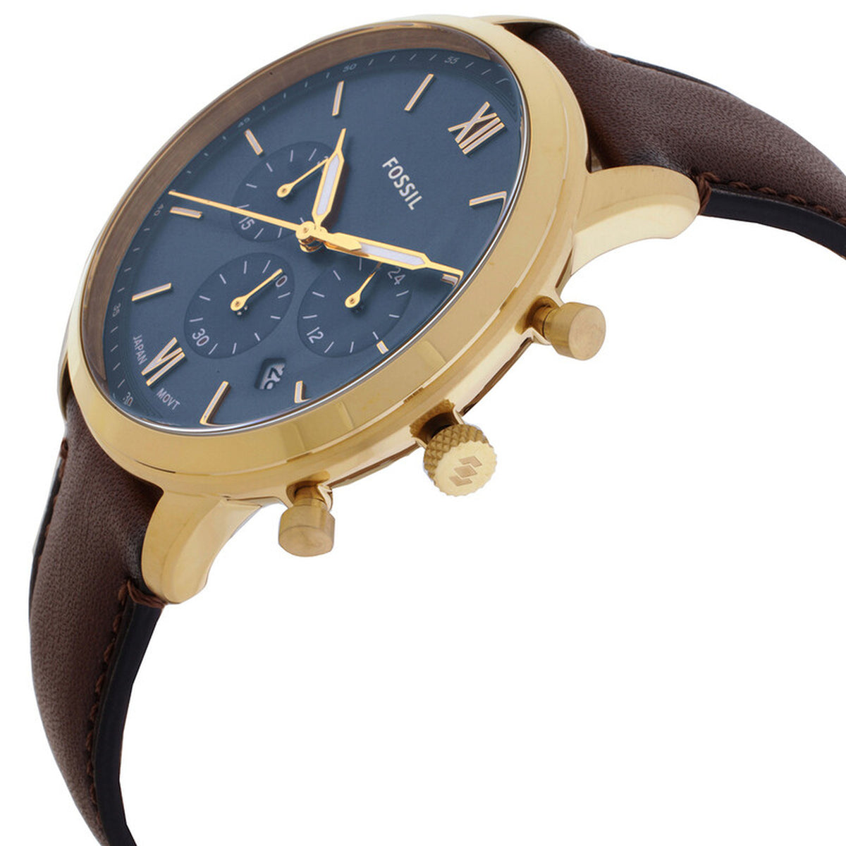 Fossil Neutra FS6162 with a blue chronograph dial, gold-tone case, textured crown and pushers, and brown leather strap.