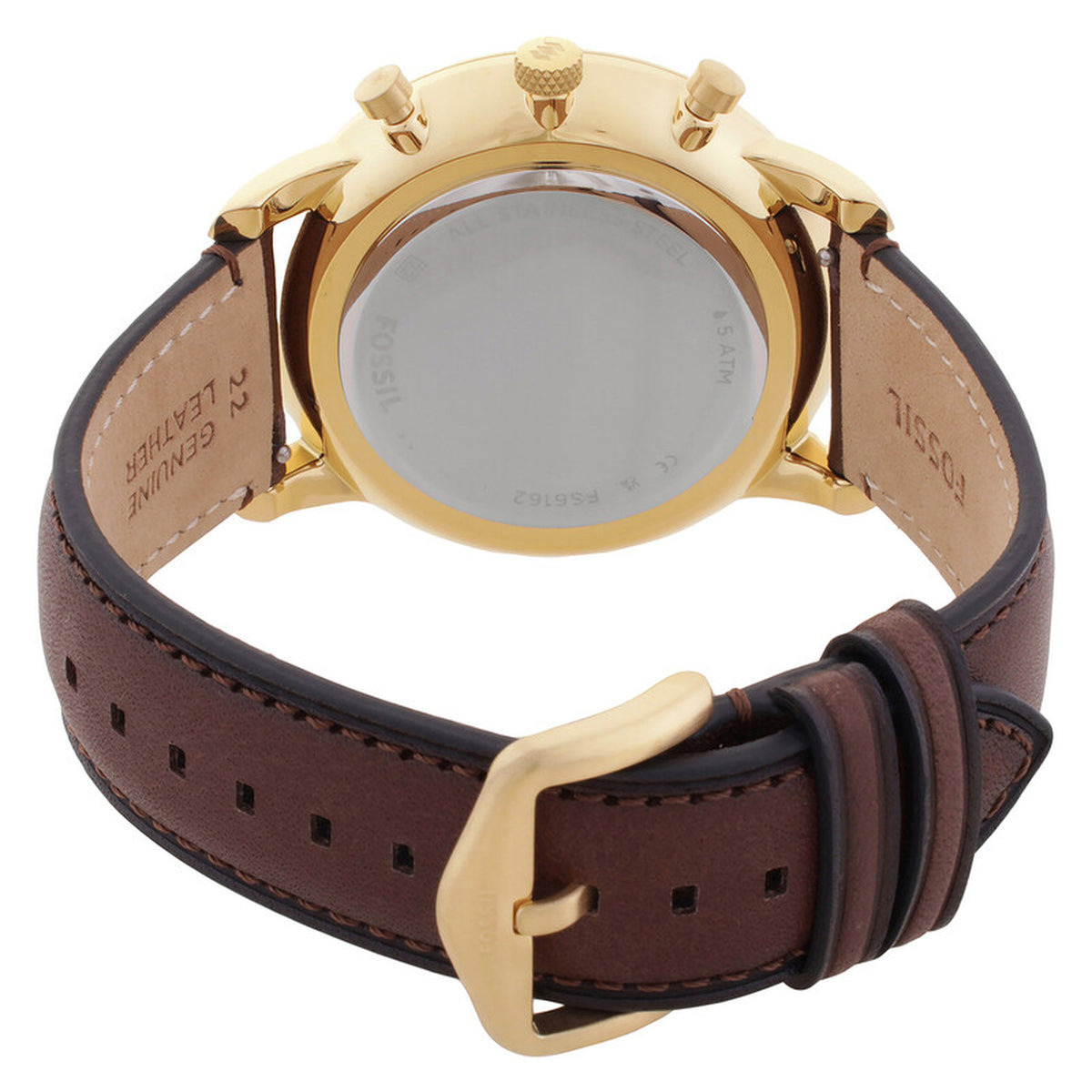 Fossil Neutra FS6162 with a silver-tone caseback, gold-tone case, crown and chronograph pushers, and brown leather strap with matching gold-tone buckle.