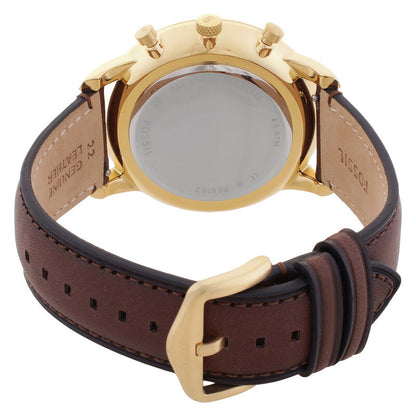 Fossil Neutra FS6162 with a silver-tone caseback, gold-tone case, crown and chronograph pushers, and brown leather strap with matching gold-tone buckle.