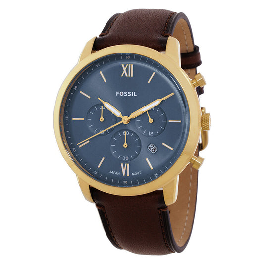 Fossil Neutra FS6162 with a blue chronograph dial, gold-tone hands and hour markers, gold-tone case, and brown leather strap.
