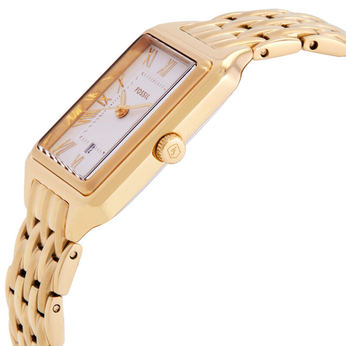 Fossil Raquel ES5220 with a silver dial, gold-tone Roman numeral hour markers, rectangular gold-tone case, signed crown, and matching gold-tone bracelet.
