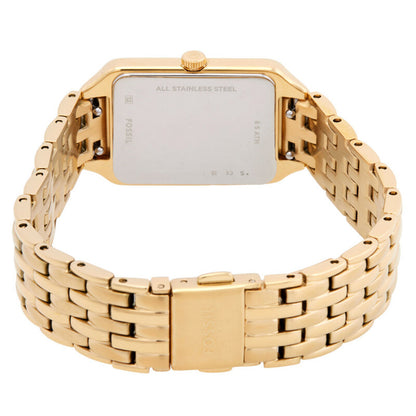 Fossil Raquel ES5220 with a stainless steel caseback, gold-tone case and bracelet, and Fossil-branded fold-over clasp.