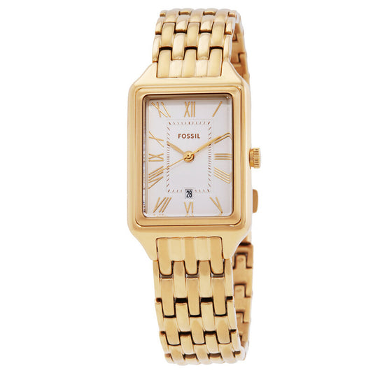 Fossil Raquel ES5220 with a silver dial, gold-tone Roman numeral hour markers, rectangular gold-tone case, date window, and matching gold-tone bracelet.
