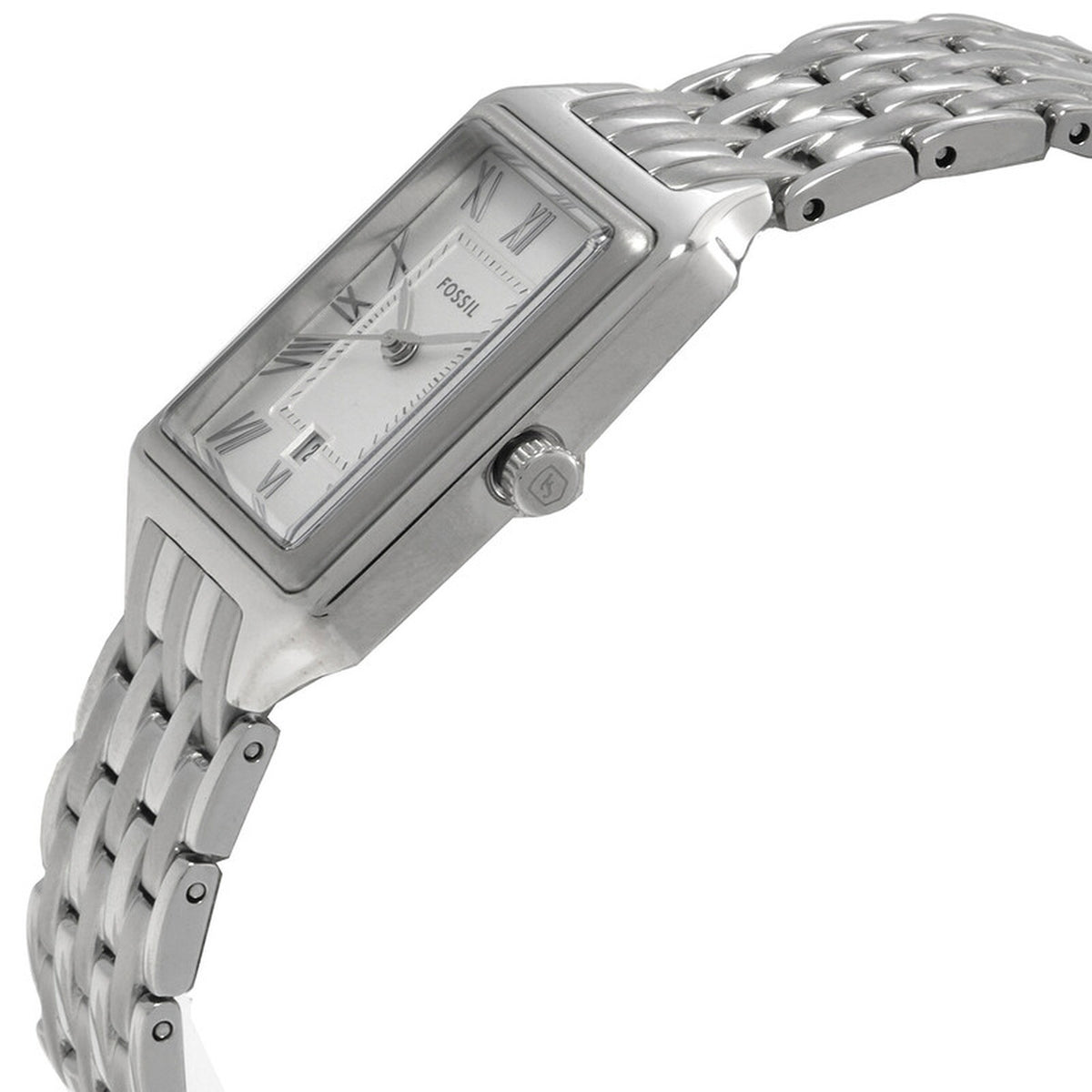 Fossil Raquel ES5221 with a silver dial, Roman numeral hour markers, rectangular silver-tone case, signed crown, and matching bracelet.