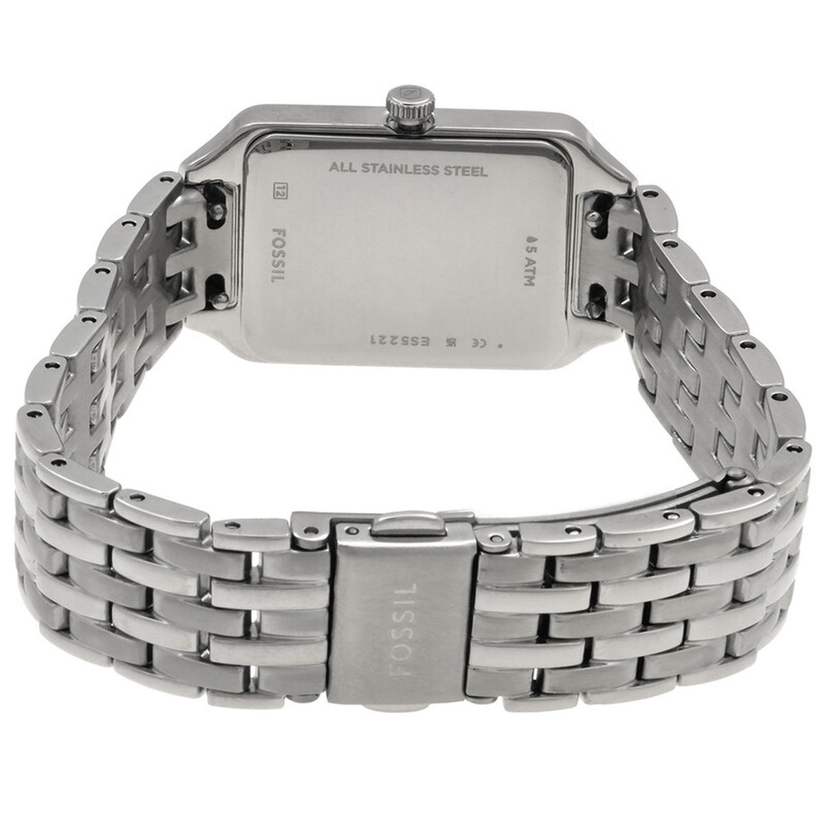Fossil Raquel ES5221 with an engraved stainless steel caseback, matching silver-tone bracelet, and Fossil-branded fold-over clasp.