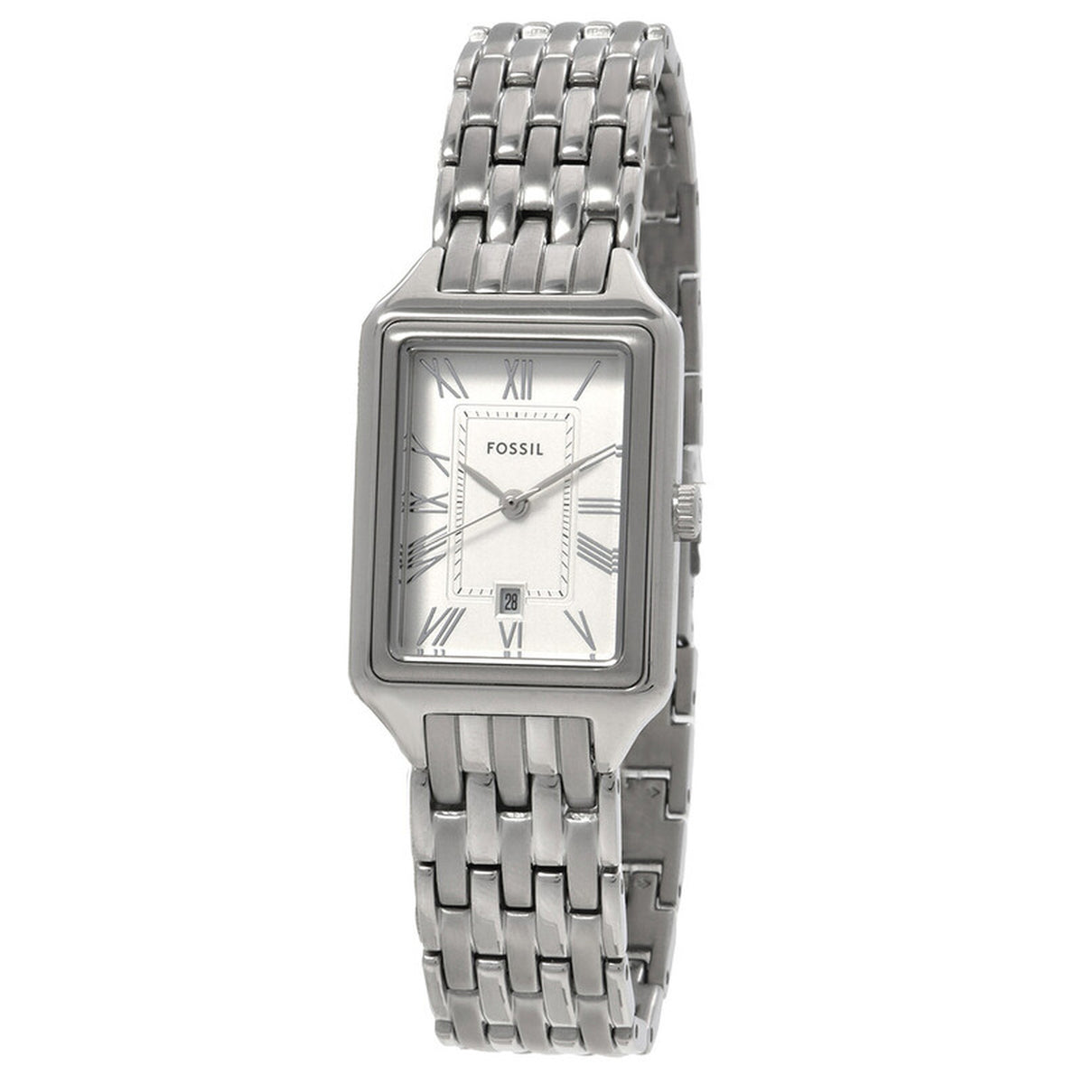 Fossil Raquel ES5221 with a silver dial, Roman numeral hour markers, rectangular silver-tone case, date window, and matching bracelet.