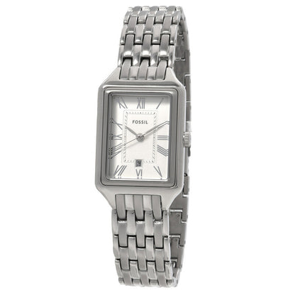 Fossil Raquel ES5221 with a silver dial, Roman numeral hour markers, rectangular silver-tone case, date window, and matching bracelet.