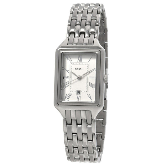 Fossil Raquel ES5221 with a silver dial, Roman numeral hour markers, rectangular silver-tone case, date window, and matching bracelet.