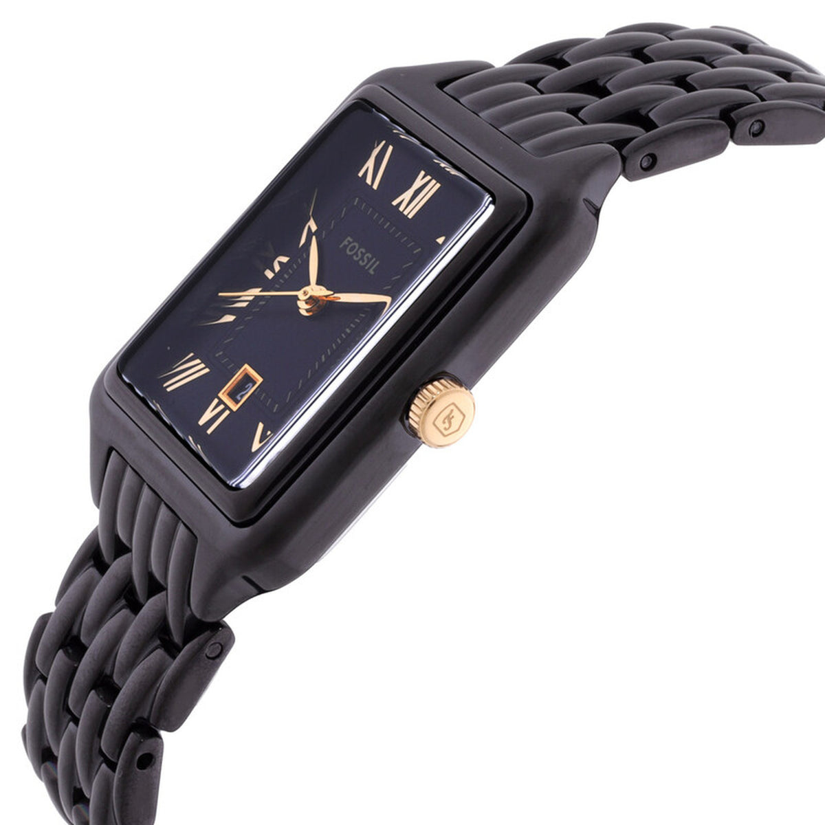 Fossil Raquel ES5385 with a black dial, gold-tone Roman numeral hour markers and hands, rectangular black case, gold-tone crown, and matching black bracelet.