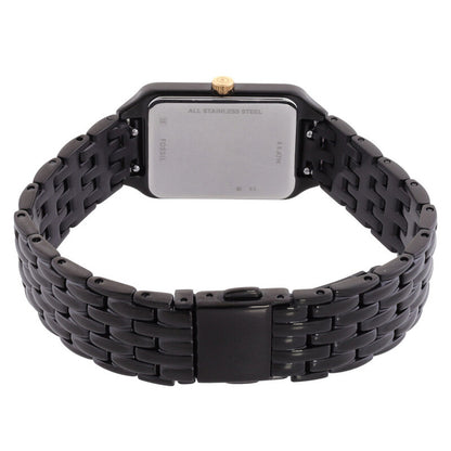 Fossil Raquel ES5385 with a stainless steel caseback, black rectangular case, matching black bracelet, and fold-over clasp.