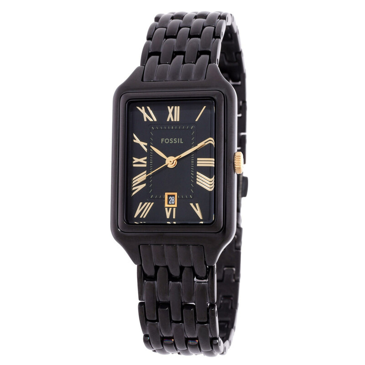 Fossil Raquel ES5385 with a black dial, gold-tone Roman numeral hour markers and hands, rectangular black case, date window, and matching black bracelet.