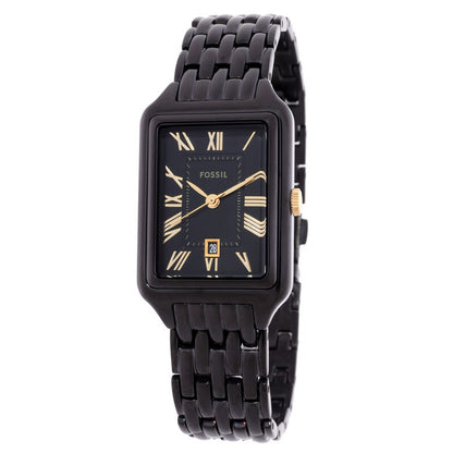 Fossil Raquel ES5385 with a black dial, gold-tone Roman numeral hour markers and hands, rectangular black case, date window, and matching black bracelet.