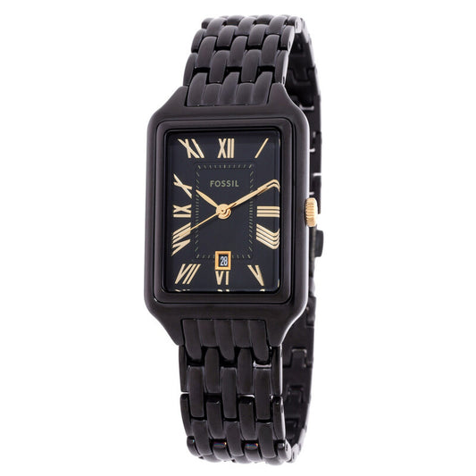 Fossil Raquel ES5385 with a black dial, gold-tone Roman numeral hour markers and hands, rectangular black case, date window, and matching black bracelet.