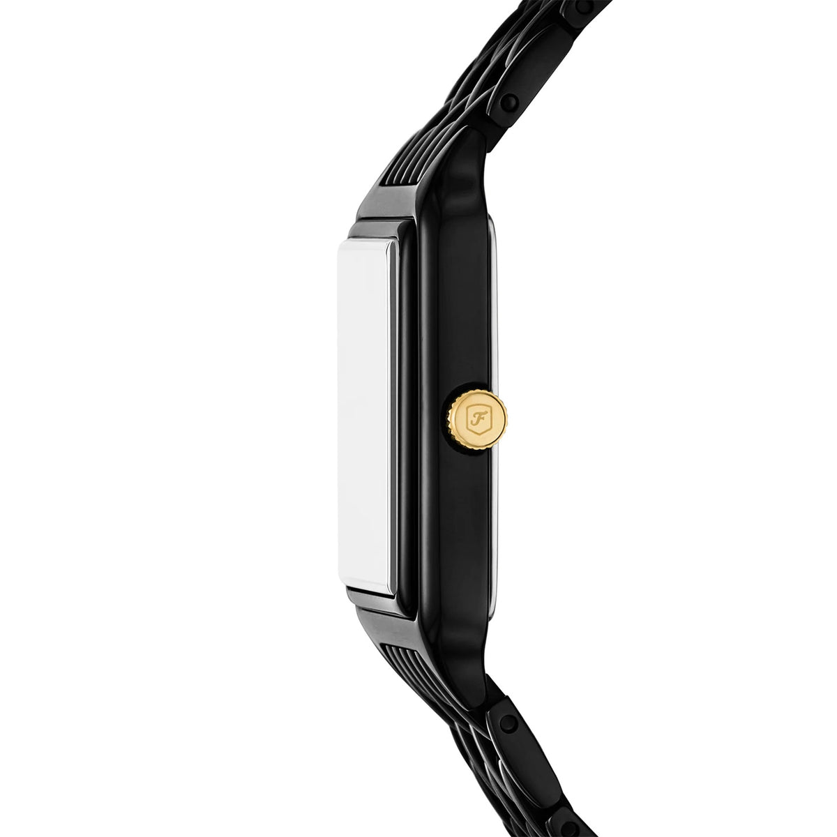 Fossil Raquel ES5385 with a slim black rectangular case, gold-tone signed crown, and matching black bracelet.