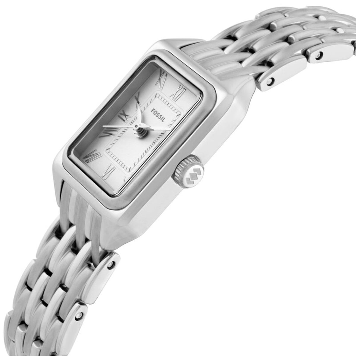 Fossil Raquel Mini ES5469 with a white dial, Roman numeral hour markers, rectangular silver-tone case, signed crown, and matching silver-tone bracelet.