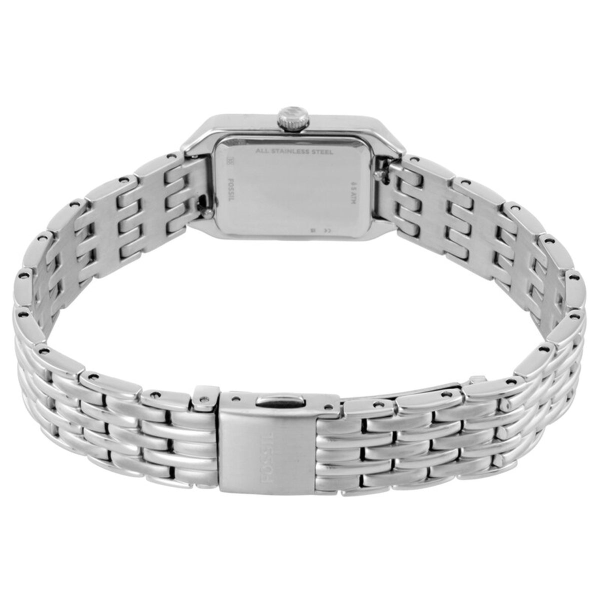 Fossil Raquel Mini ES5469 with a stainless steel caseback, silver-tone bracelet, and Fossil-branded fold-over clasp.