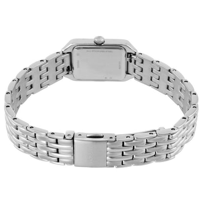 Fossil Raquel Mini ES5469 with a stainless steel caseback, silver-tone bracelet, and Fossil-branded fold-over clasp.