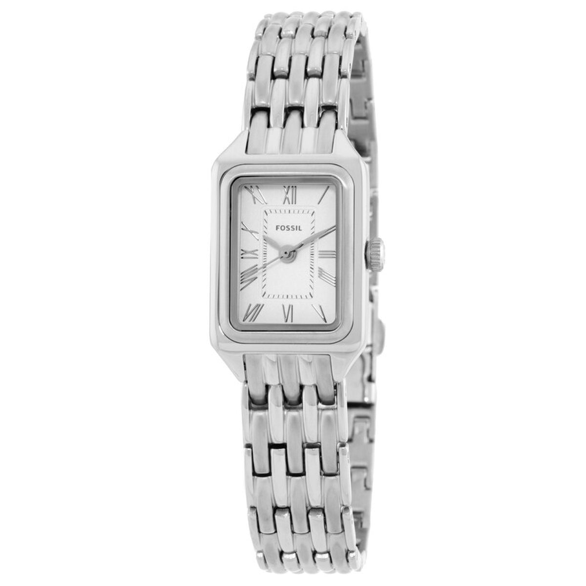 Fossil Raquel Mini ES5469 with a white dial, Roman numeral hour markers, rectangular silver-tone case, and matching silver-tone bracelet.