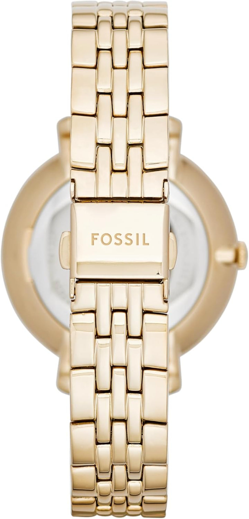 Parte trasera del brazalete de un reloj Fossil para mujer en acero dorado con cierre desplegable grabado.