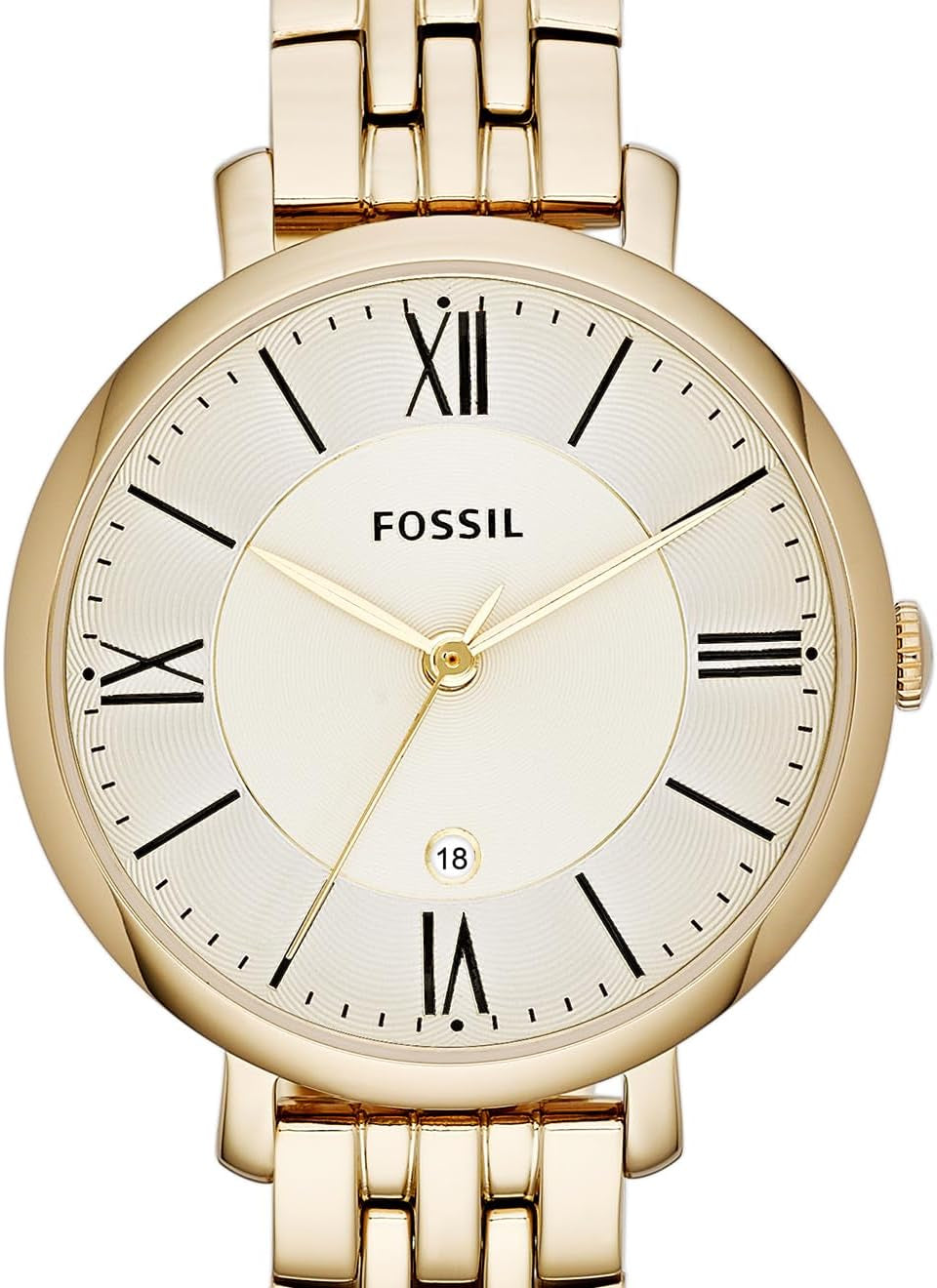 Vista frontal de un reloj Fossil para mujer con caja y brazalete de acero dorado y esfera clara con números romanos.