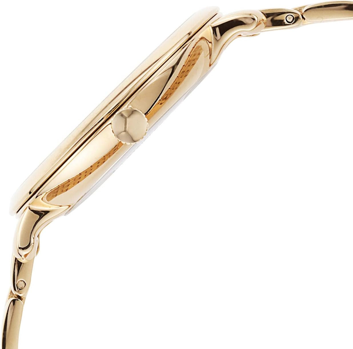 Perfil lateral de un reloj Fossil para mujer con caja de acero dorado y corona central.