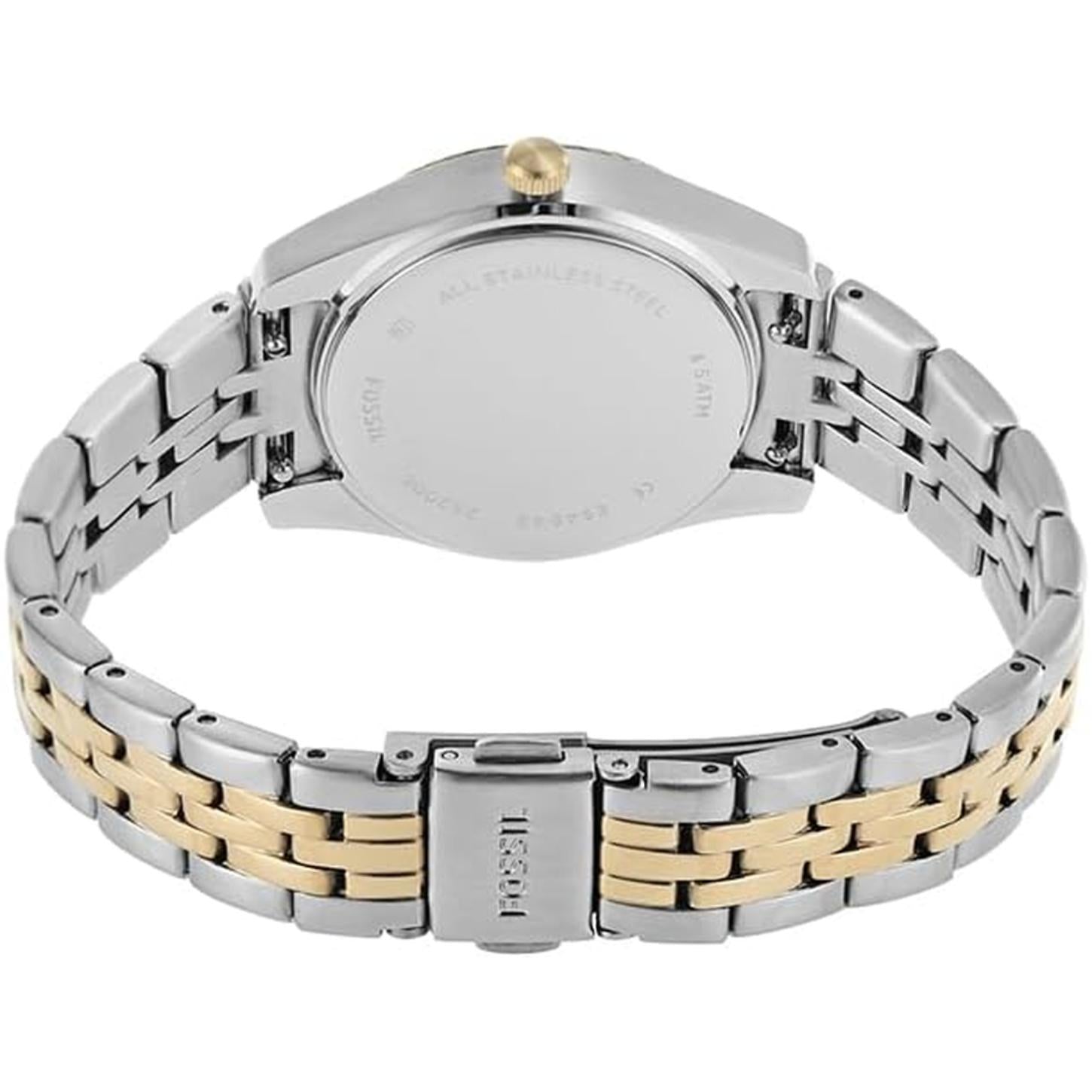 reloj Fossil Scarlette ES4949 visto por la parte trasera, con caja de acero inoxidable y brazalete metálico bicolor con cierre desplegable grabado