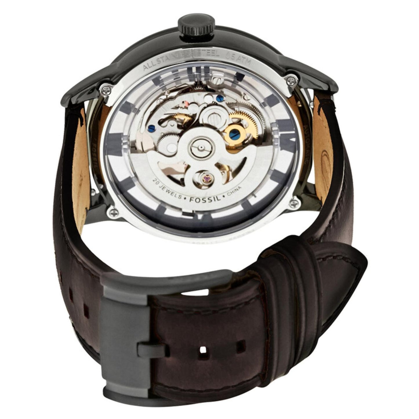 Fossil Townsman ME3098 with exhibition caseback, visible automatic movement, black stainless steel case, brown leather strap, and black buckle closure.