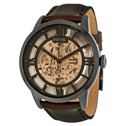 Fossil Townsman ME3098 with skeleton dial, black stainless steel case, automatic movement, black hour markers, and brown leather strap.