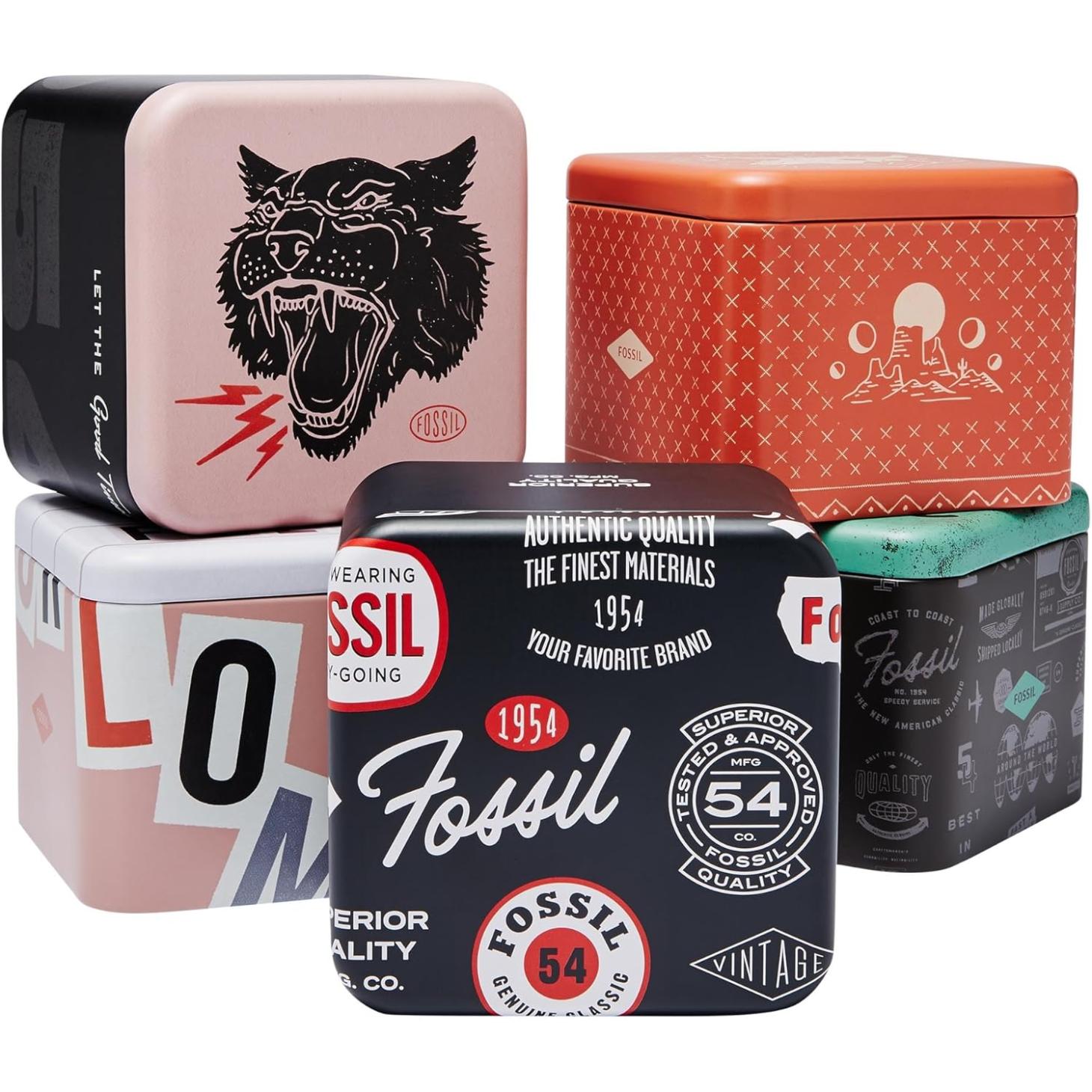 Fossil collectible watch tin boxes set with assorted designs, logos and multicolor finishes used for watch packaging.