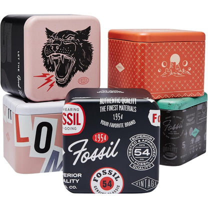 Fossil collectible watch tin boxes set with assorted designs, logos and multicolor finishes used for watch packaging.