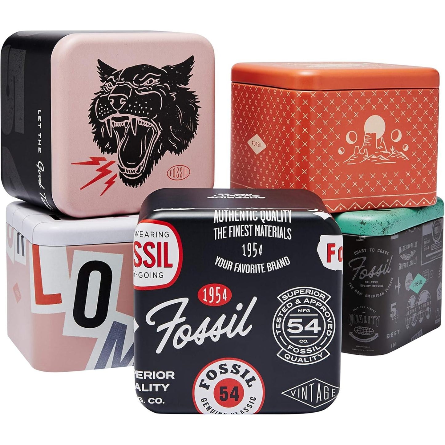 Fossil collectible watch tin boxes set with printed graphics, logos and assorted designs for watch packaging.