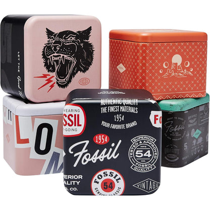 Fossil collectible watch tin boxes set with printed graphics, logos and assorted designs for watch packaging.