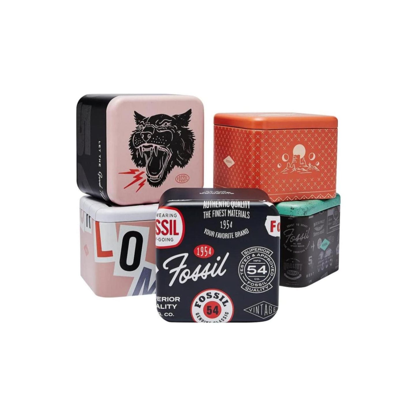 Fossil collectible watch tin boxes set with vintage-style graphics, logos and assorted designs for watch packaging.