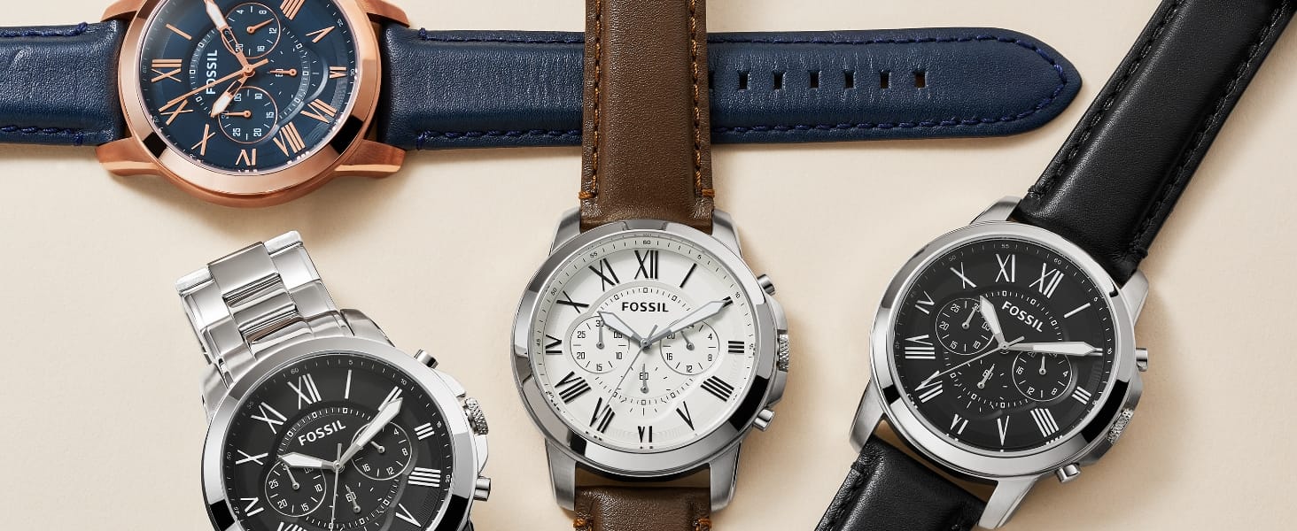 Fossil watches collection featuring chronograph styles with Roman numeral dials, stainless steel bracelets, and brown and black leather straps