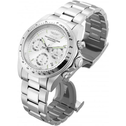 Invicta 14381 chronograph with silver dial, three subdials, tachymeter scale bezel, stainless steel case and stainless steel bracelet shown at an angle.