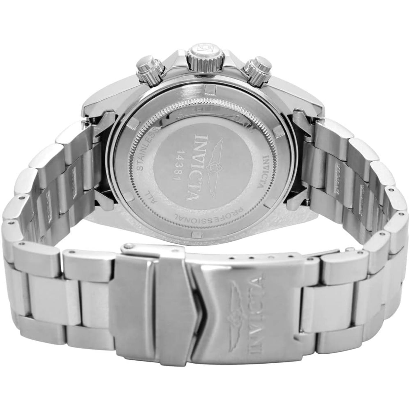 Invicta 14381 with engraved stainless steel caseback, chronograph pushers and crown, and stainless steel bracelet with folding clasp.