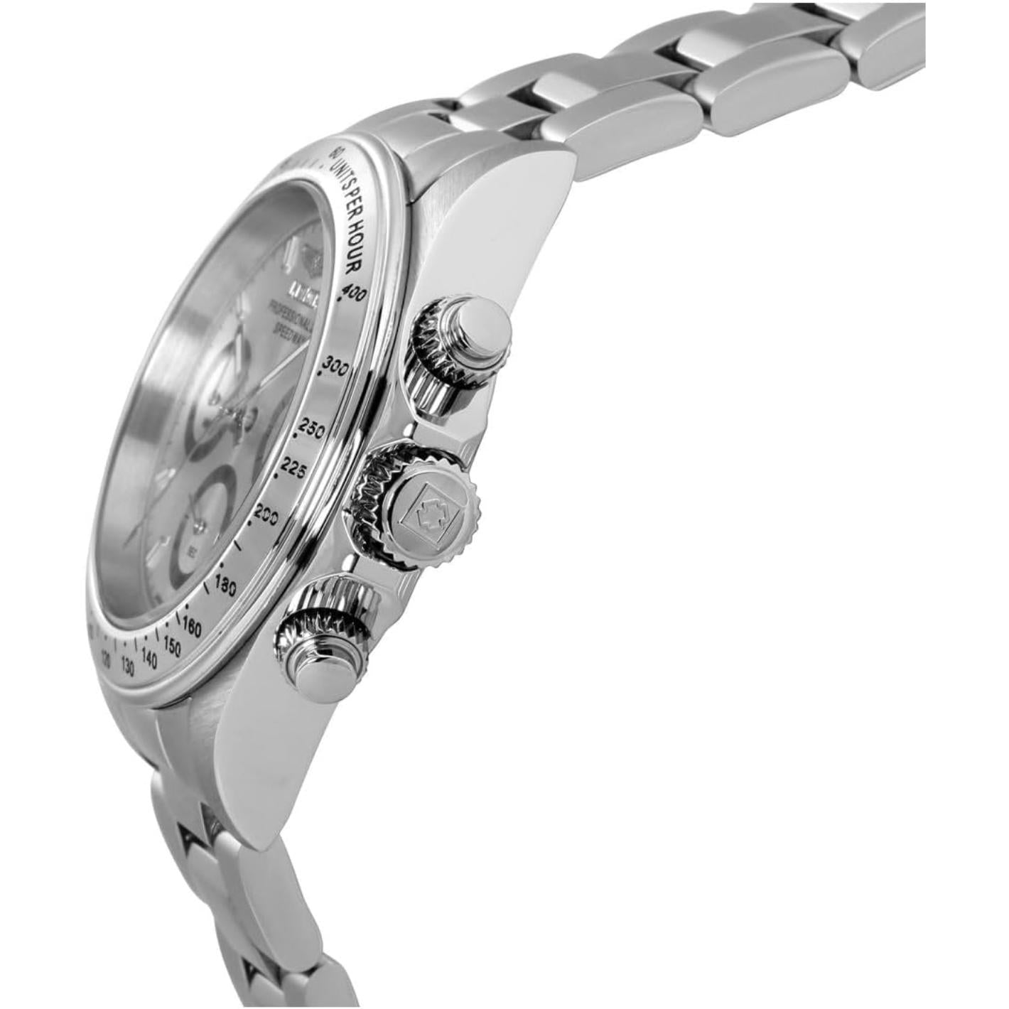 Invicta 14381 side profile with stainless steel case, crown and chronograph pushers, tachymeter scale bezel and stainless steel bracelet.