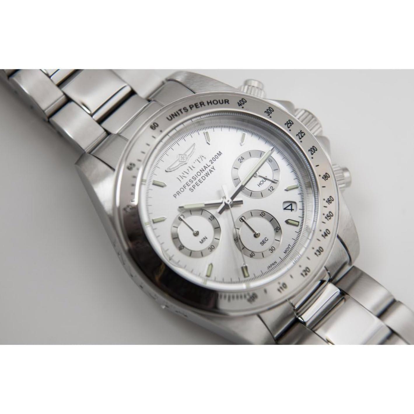 Invicta 14381 chronograph with silver dial, three subdials, tachymeter bezel, stainless steel case and stainless steel bracelet shown in close-up angle.