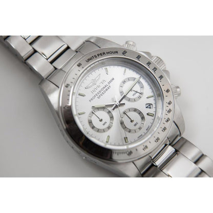 Invicta 14381 chronograph with silver dial, three subdials, tachymeter bezel, stainless steel case and stainless steel bracelet shown in close-up angle.